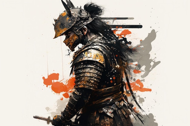 Pintura de guerreiro samurai com fundo branco de armadura Generative AI