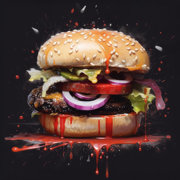 Pintura de hambúrguer suculento com fundo abstrato
