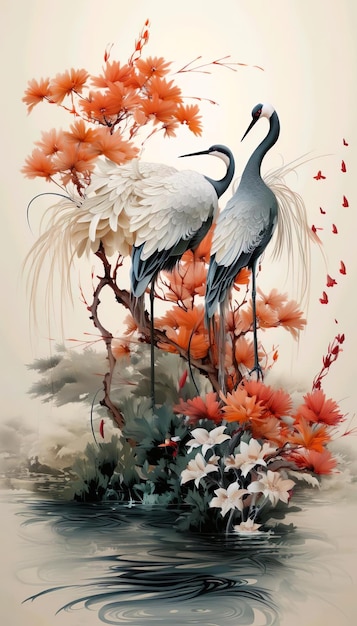 Pintura de ilustração de dois pássaros com flor vermelha