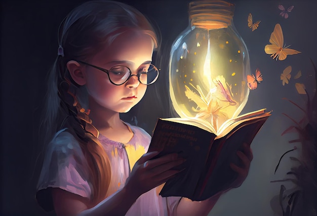 Pintura de ilustração de menina lendo um livro e grande lâmpada Gerar Ai