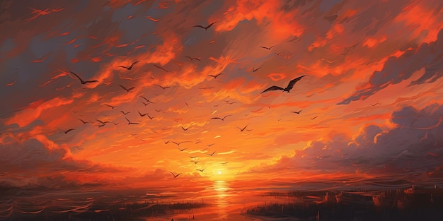 Pintura de ilustração de nuvem em forma de pássaro no céu ao pôr-do-sol
