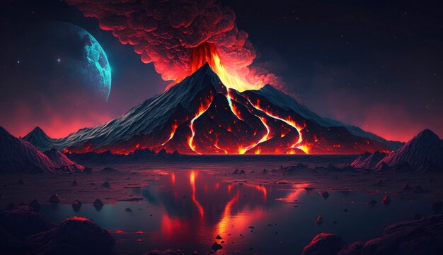 Pintura de ilustração de paisagem noturna com vulcão e lava ardente Paisagem de fantasia de erupção de vulcão Ilustração 3D Gerar Ai