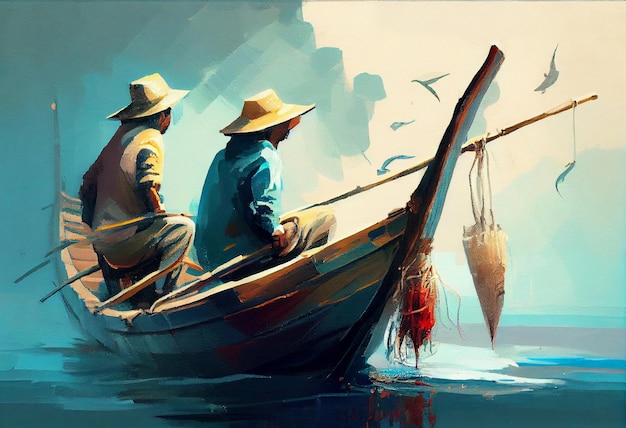 Foto pintura de ilustração de pescadores com vara de pesca em um barco gerar ai