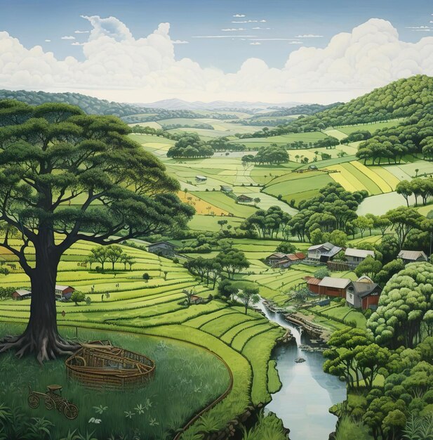 Pintura de ilustração de vista de paisagem com cena de terra verde