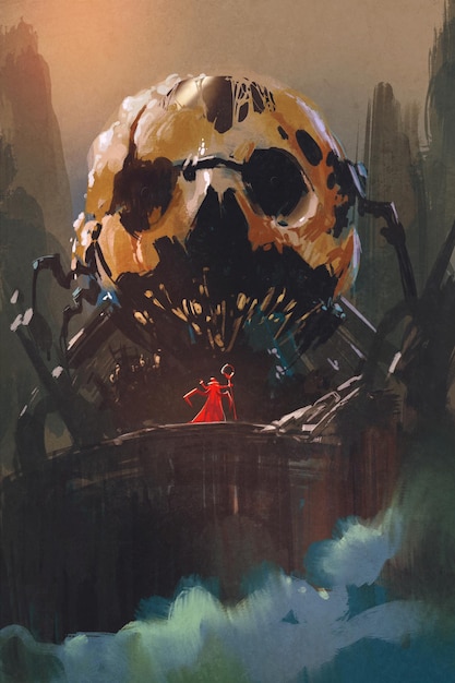 Pintura de ilustração do vilão em frente ao prédio do crânio