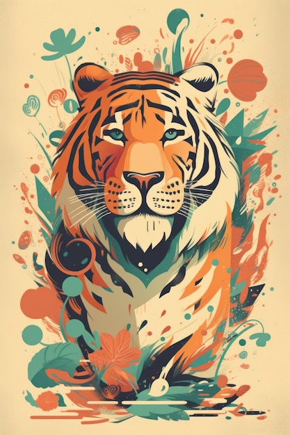 Pintura de impressão de arte de tigre em IA generativa de fundo de cor bege
