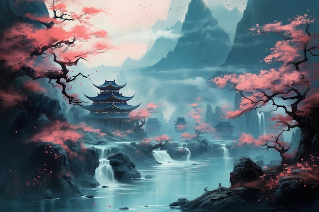 pintura de inspiração asiática de uma paisagem oriental com flores azuis e brancas no estilo de lig