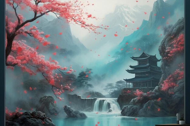 pintura de inspiração asiática de uma paisagem oriental com flores azuis e brancas no estilo de lig