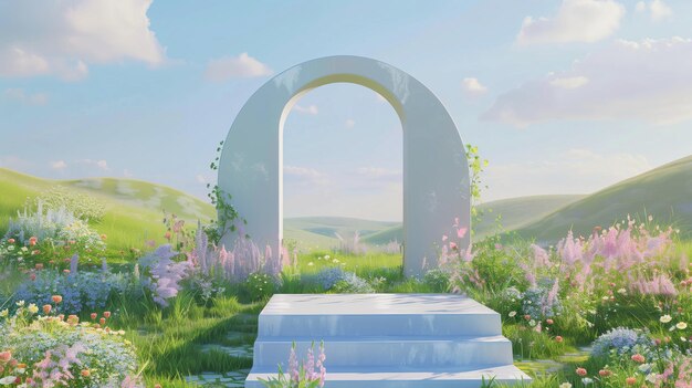 Pintura de jardim com arco branco