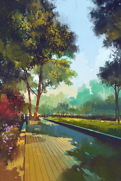 pintura de lindo jardim, parque da cidade, ilustração