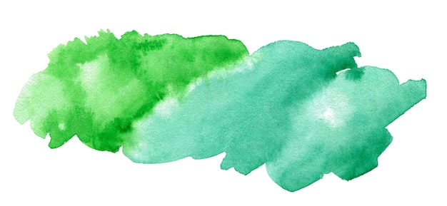 Pintura de mão de arte em aquarela verde e turquesa na textura de pincel isolada de fundo branco