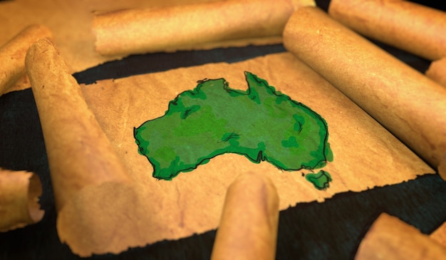 Pintura de mapa da Austrália Desdobrando o papel velho Paper Scroll 3D