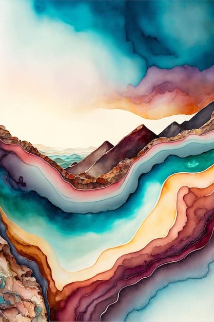 Pintura de montanhas e um corpo de água generativa ai