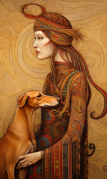 Pintura de mulher e cachorro inspirada em Art Nouveau Gerada por IA Geradora de IA Geradora de IA