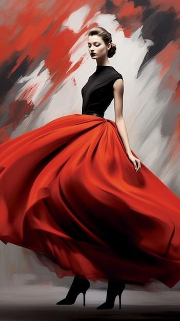 Pintura de mulher e desenho de vestido vermelho