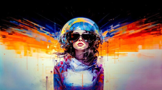 Pintura de mulher usando capacete e óculos de sol com fundo futurista