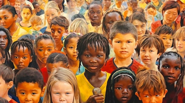 Pintura de multidão de crianças juntas conceito do Dia Mundial da População Gerada AI