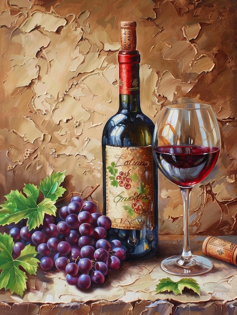 Pintura de natureza morta de uma garrafa de vinho e vidro