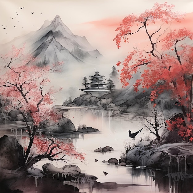 Pintura de natureza morta japonesa desenhada à mão Sumie