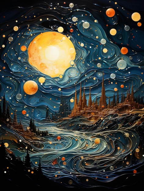 pintura de noite estrelada de uma cidade com uma lua cheia generativa ai