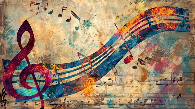 Pintura de notas musicais em fundo azul