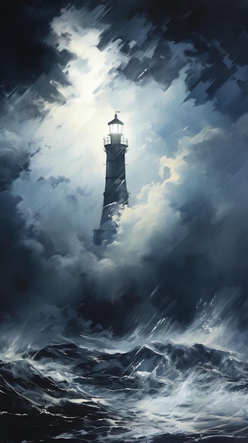 Pintura de ondas batendo contra um farol durante uma tempestade