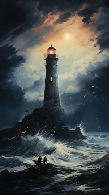 Pintura de ondas batendo contra um farol durante uma tempestade