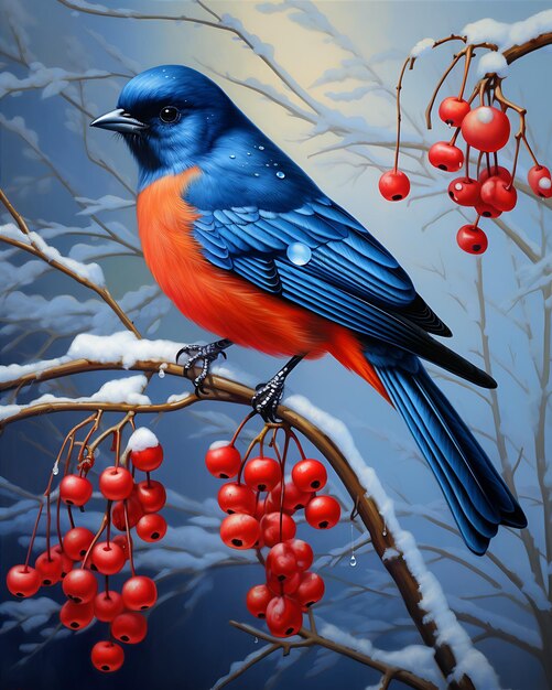 Pintura de Oriole azul com bagas vermelhas e tema de inverno