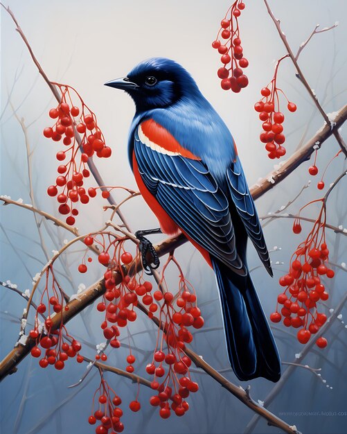 Pintura de Oriole azul com bagas vermelhas e tema de inverno