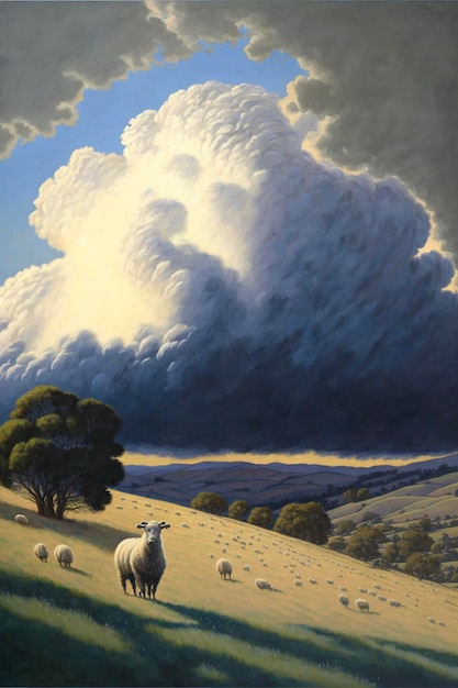 Pintura de ovelhas em um campo sob um céu nublado generativo ai