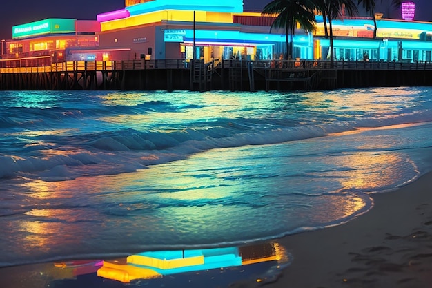 Foto pintura de paisagem da praia à noite de néon bela imagem de arte da natureza