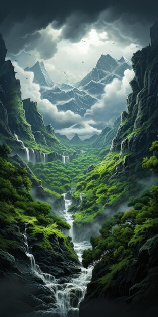 Pintura de paisagem de fantasia Cachoeira majestosa em vistas montanhosas encantadoras