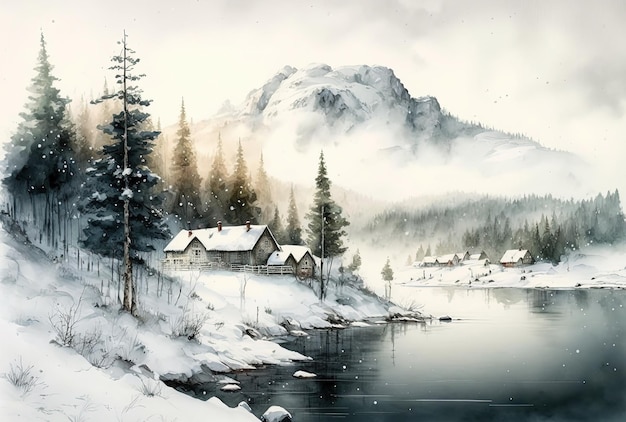 Pintura de paisagem de inverno em aquarela Árvores lago e montanhas