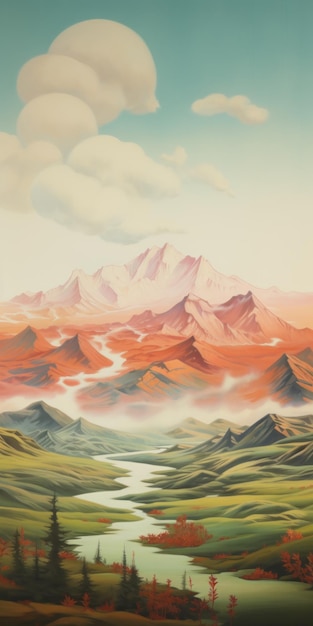 Foto pintura de paisagem de montanha ilustração hiperdetalhada de planícies e montanhas