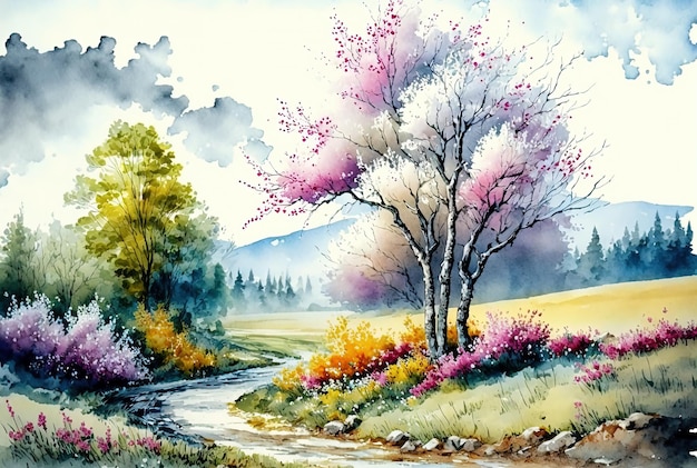 Pintura de paisagem de primavera em aquarela Árvores florescem prados e montanhas