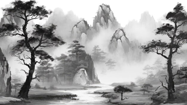 Pintura de paisagem de tinta de feng shui chinês clássico abstrato conceito artístico de paisagem de vento chinês