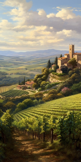 Pintura de paisagem de vinhedo italiano no estilo de Dalhart Windberg