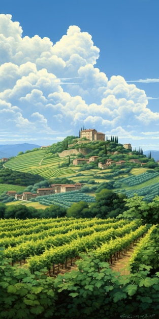 Pintura de paisagem de vinhedo italiano no estilo de Dalhart Windberg