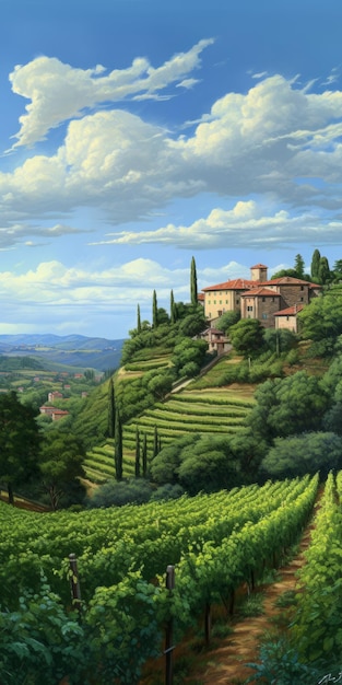 Pintura de paisagem de vinhedos italianos Tranquila serenidade em arte de precisão