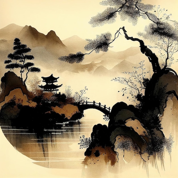 pintura de paisagem em aquarela chinesa