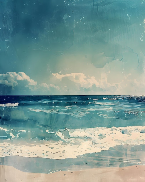 Foto pintura de paisagem marinha com ondas batendo na praia sob um céu azul