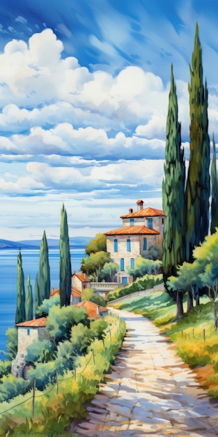 Pintura de paisagem mediterrânea neotradicional vibrante