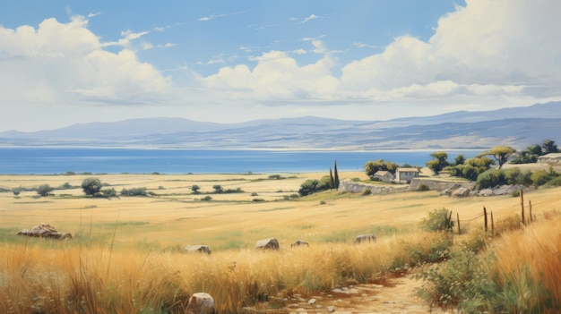 Foto pintura de paisagem mediterrânea serena com paisagem grega e oceano