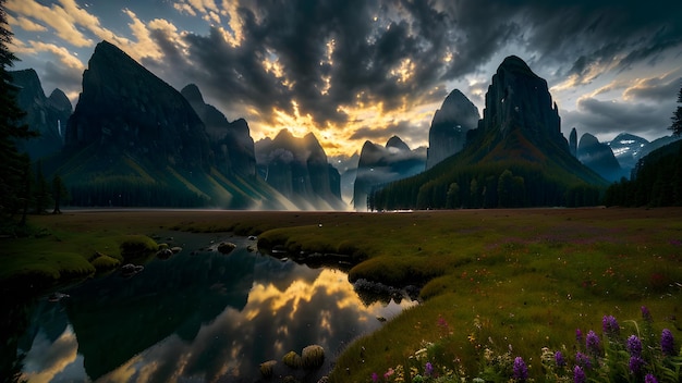 Pintura de paisagem montanha céu nuvens mágico lago místico rio ai gerado para cartazes criativos modelos de panfletos de campanhas publicitárias