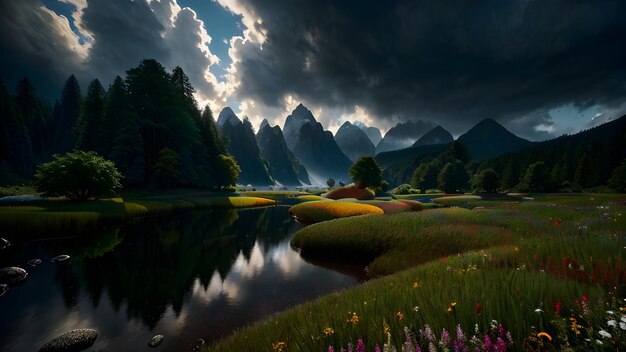 Pintura de paisagem montanha céu nuvens mágico lago místico rio ai gerado para cartazes criativos modelos de panfletos de campanhas publicitárias