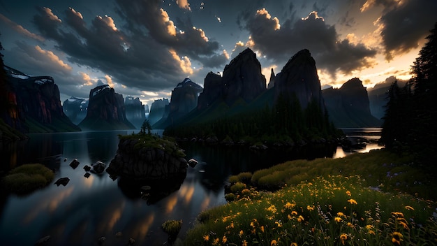 Pintura de paisagem montanha céu nuvens mágico lago místico rio ai gerado para cartazes criativos modelos de panfletos de campanhas publicitárias