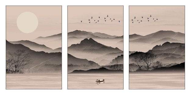 Pintura de paisagens de montanhas serenas e lagos