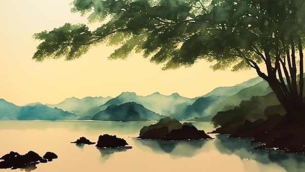 Pintura de paisagens em tinta e água chinesa AI Gerado
