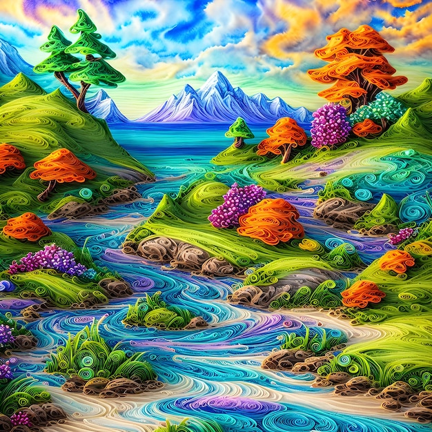 Pintura de paisagens multicoloridas de conto de fadas