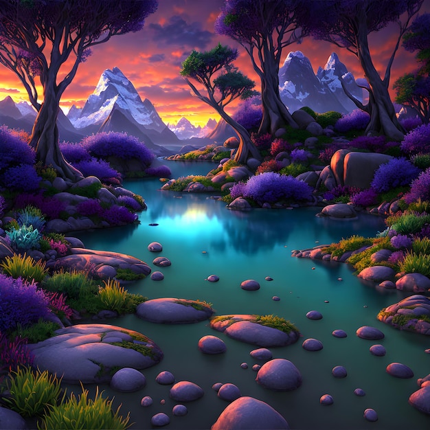 Pintura de paisagens multicoloridas de conto de fadas